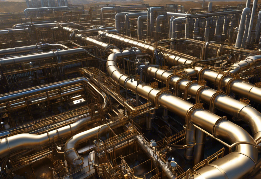An image of a network of pipes and valves weaving through the earth, connecting to a water treatment plant and pumping clean, fresh water to homes and businesses
