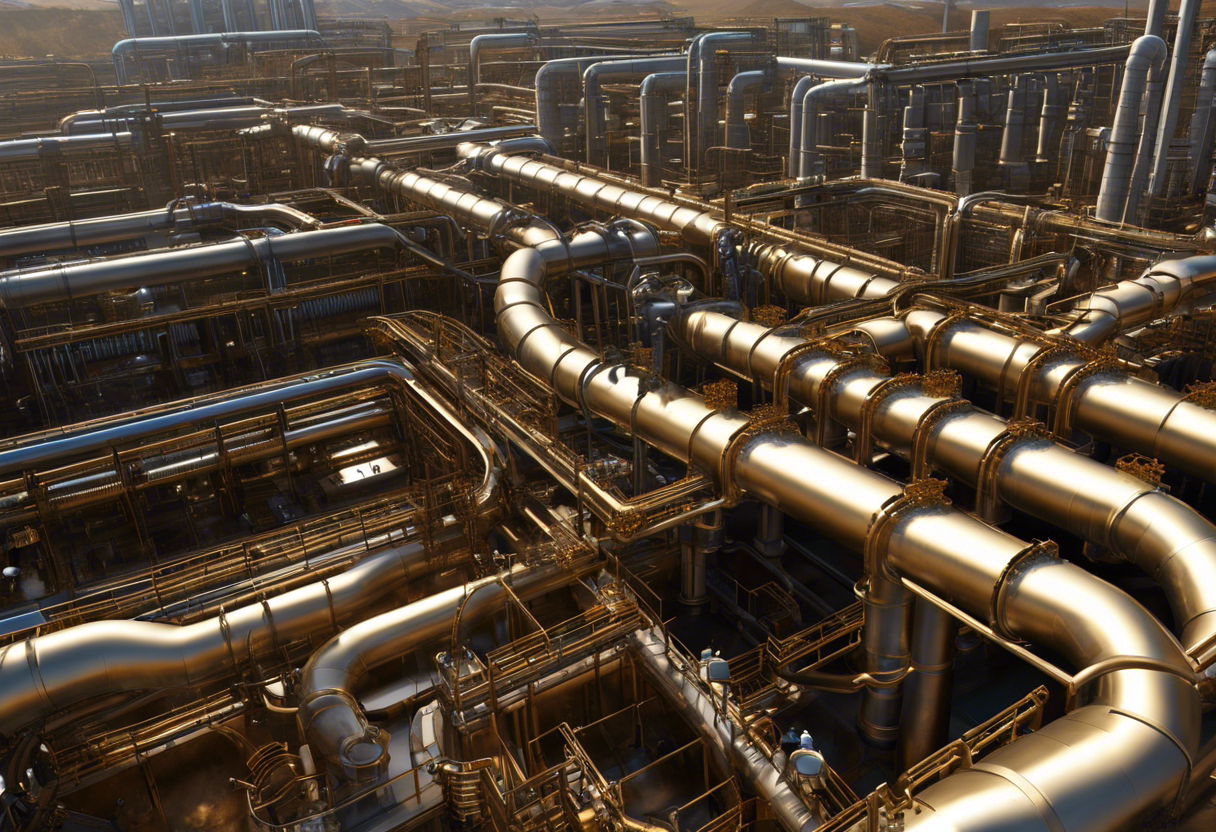 An image of a network of pipes and valves weaving through the earth, connecting to a water treatment plant and pumping clean, fresh water to homes and businesses