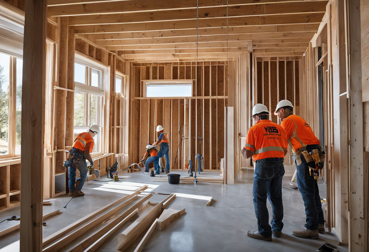 An image of a team of contractors and builders working together, carefully installing plumbing systems in a new build