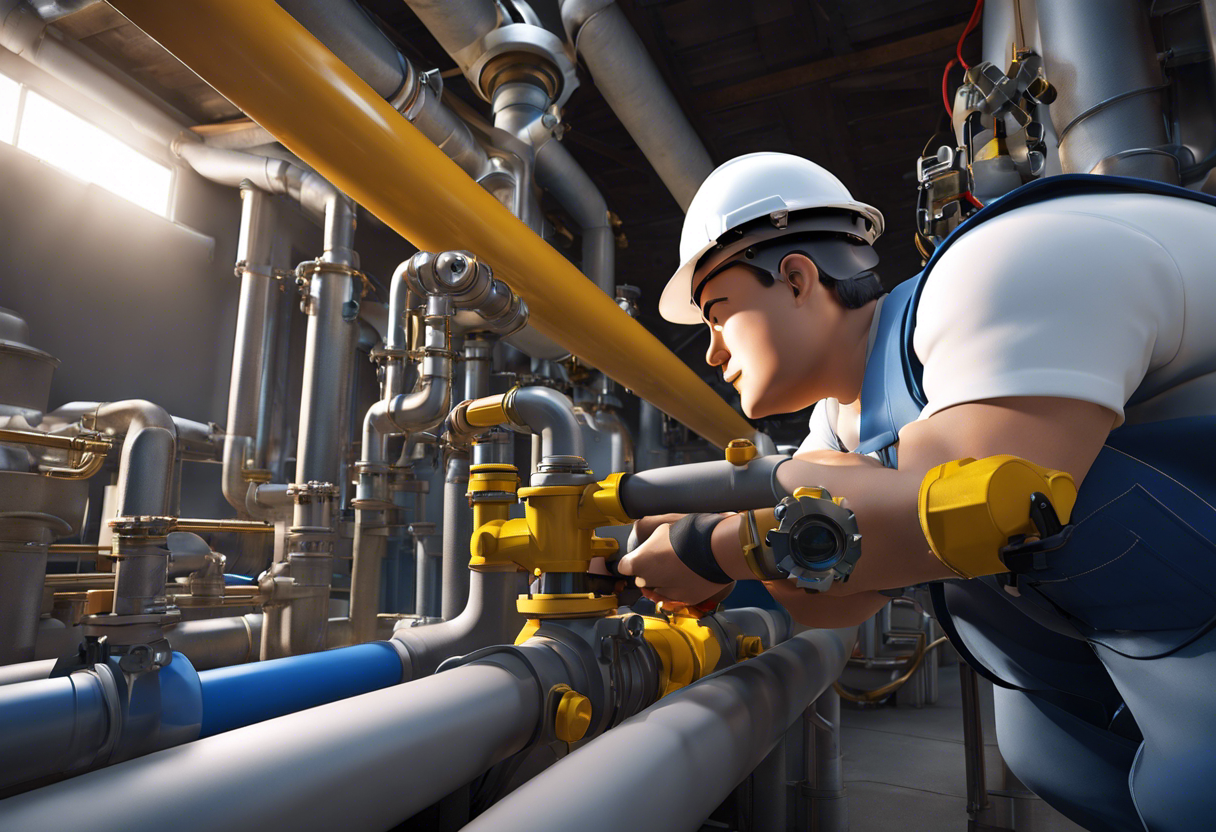 An image of a gas pipe being inspected by a licensed plumber, with a focus on the different components that must be in compliance with regulations, such as valves, meters, and fittings