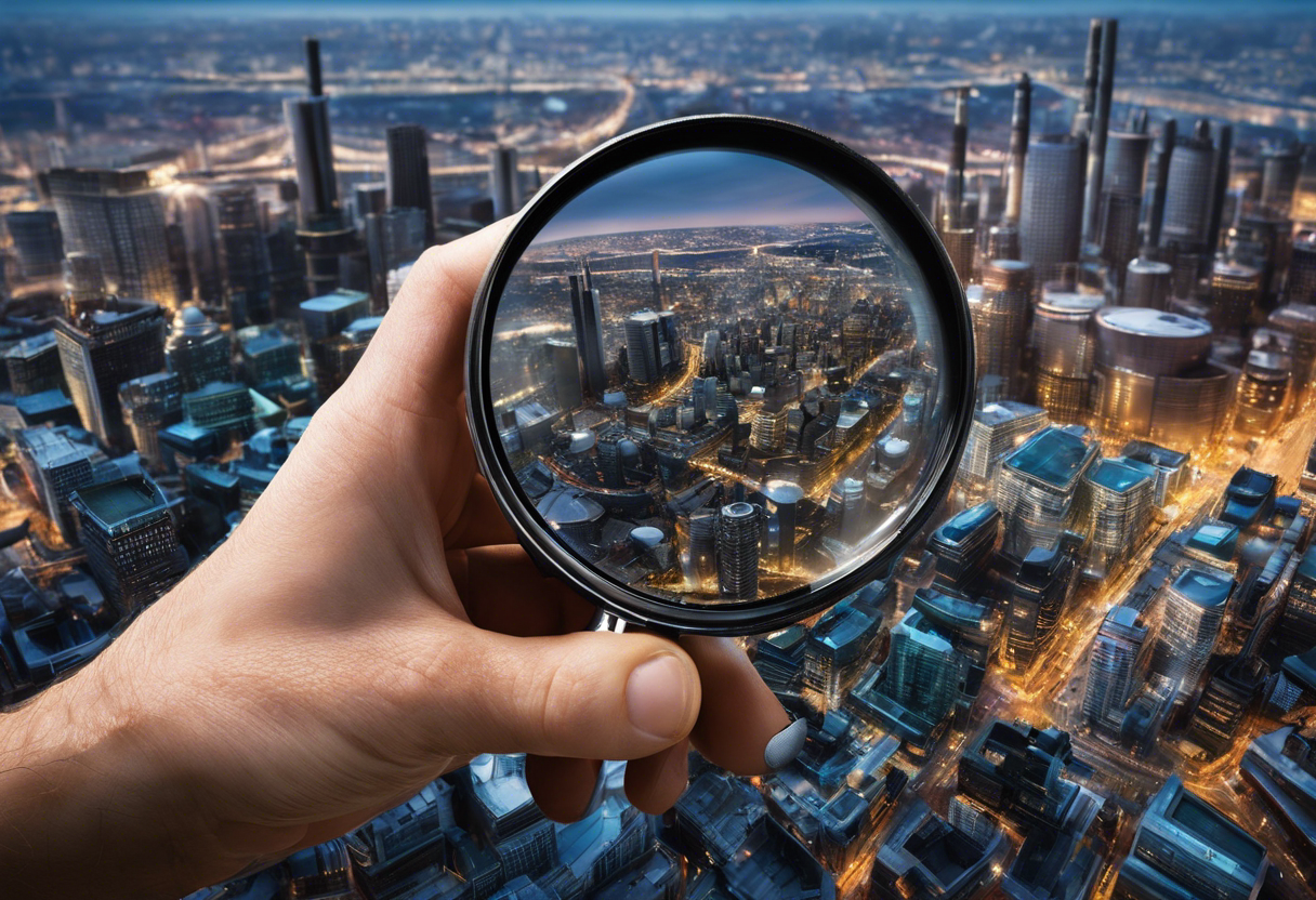 An image of a hand holding a magnifying glass over a cityscape, highlighting various pipes and plumbing fixtures