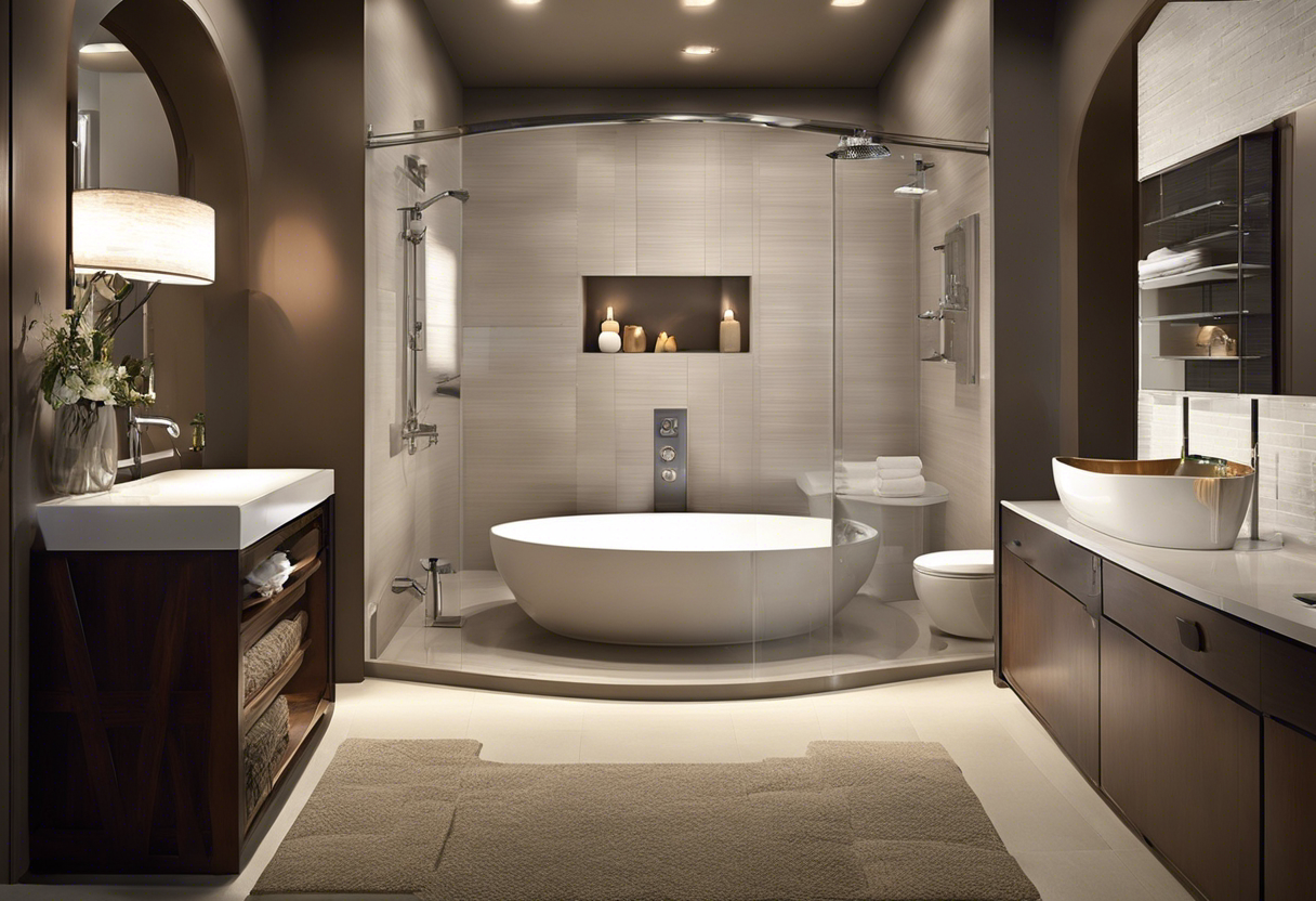An image of a cozy bathroom with a hot shower running, steam rising, and a sleek, energy-efficient water heater in the background