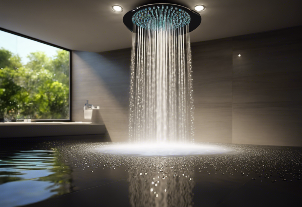 An image of a showerhead with a strong, steady stream of water flowing out, surrounded by droplets of water that catch the light and sparkle