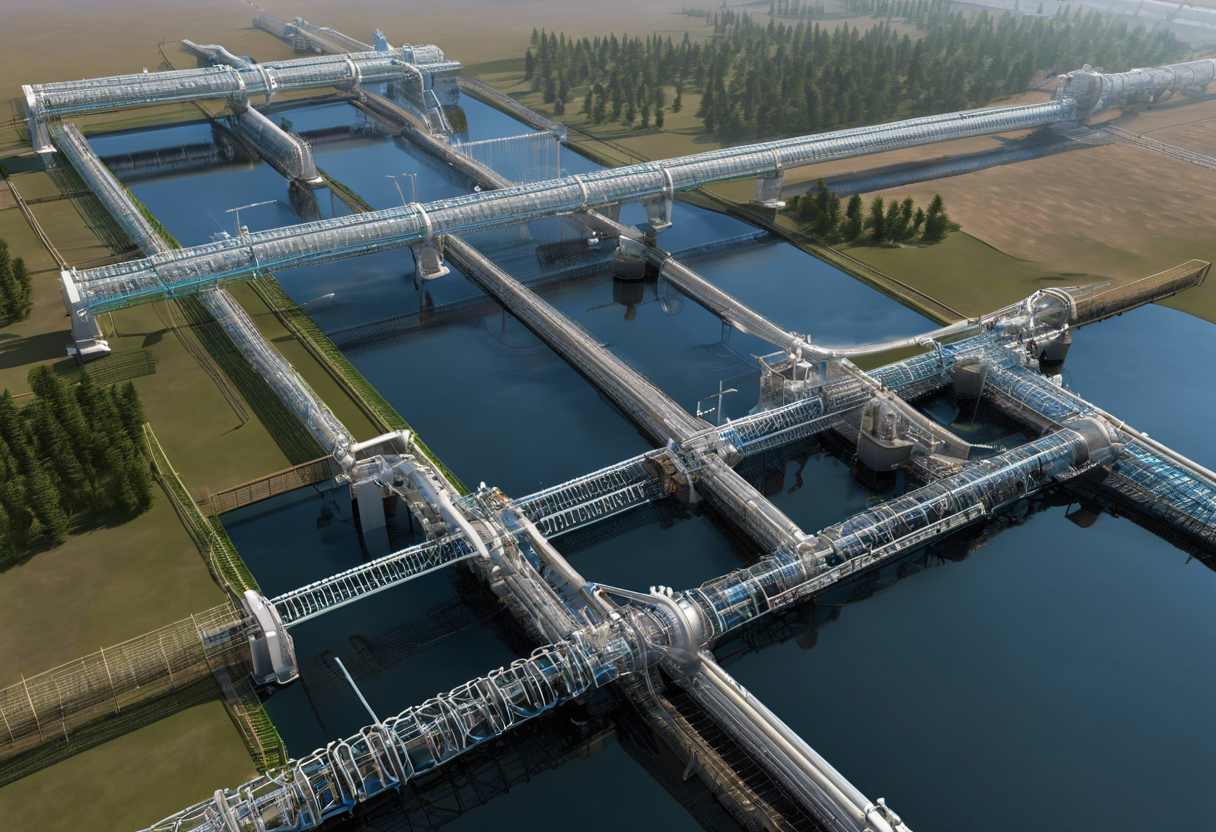 An image of a water supply network with perfectly flowing water, optimizing pressure and volume through a series of pipes, pumps, and valves