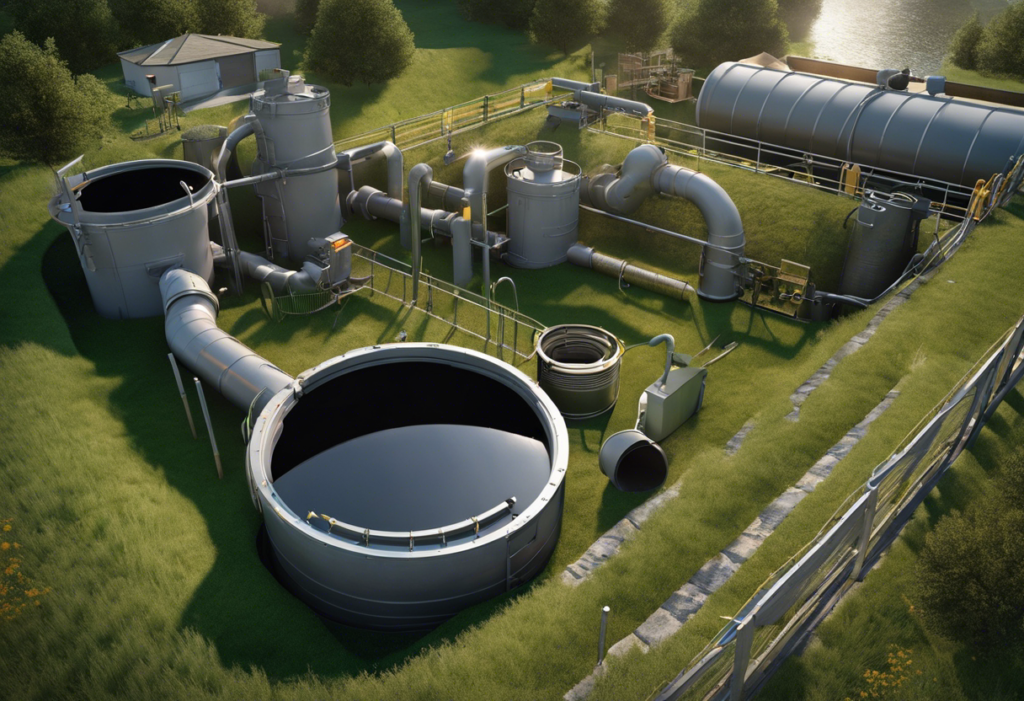An image that depicts the process of waste going through pipes and filtering into a septic tank buried in a grassy field