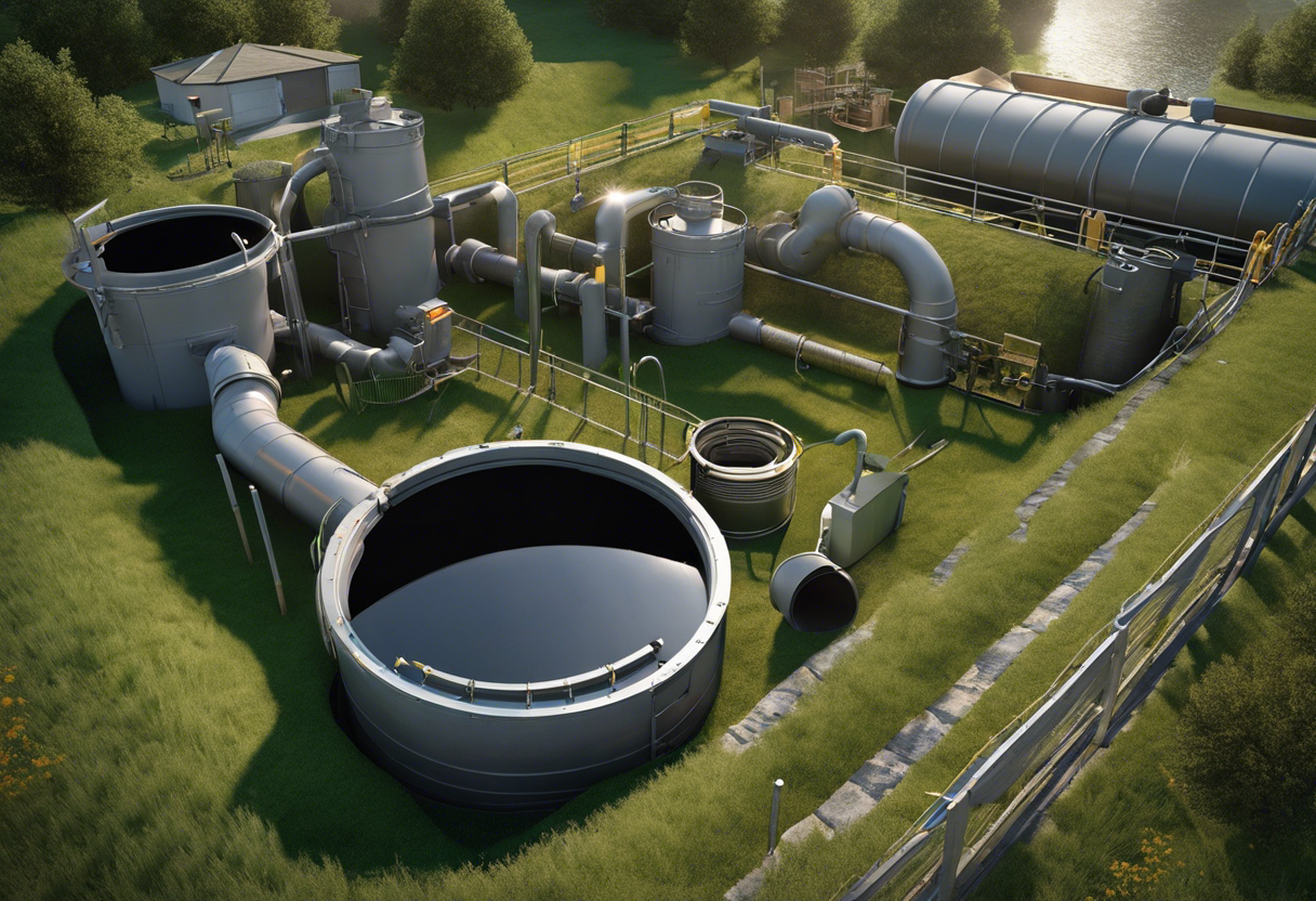 An image that depicts the process of waste going through pipes and filtering into a septic tank buried in a grassy field
