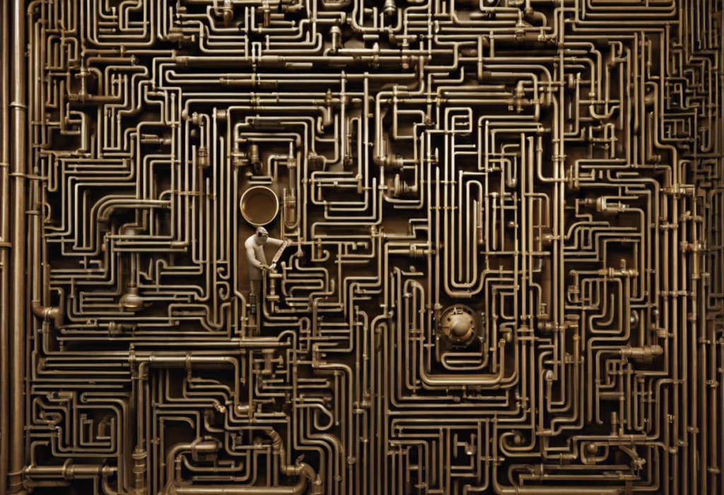 An image of a person with a confused expression, standing in front of a maze made out of pipes and plumbing fixtures