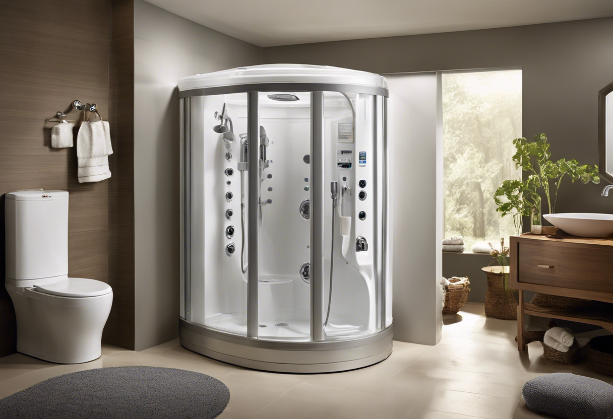 An image of a family of four taking a shower together, with a high-capacity water heater in the background