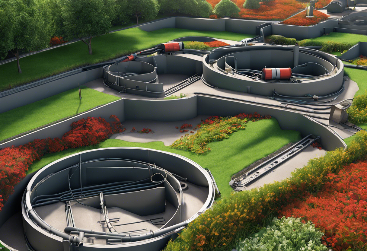 An image that illustrates the process of sewer line installations, including digging trenches, laying pipes, and connecting the system to the main sewer line