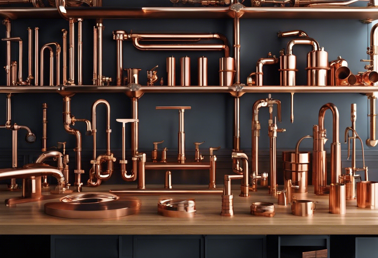 An image of a variety of plumbing materials arranged on a table or shelf