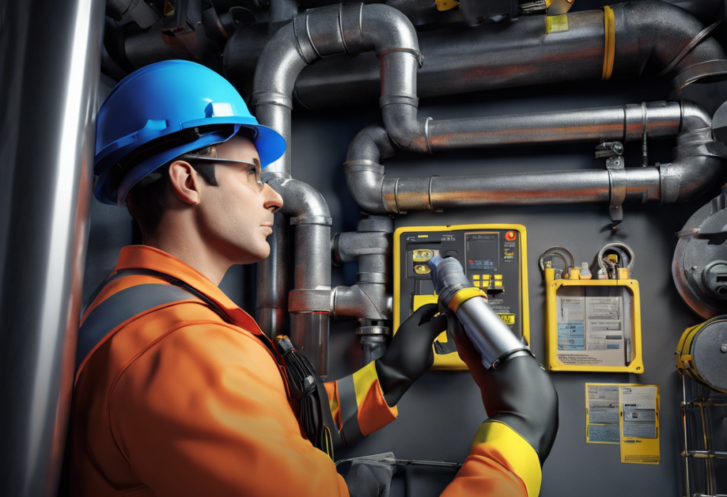 An image of a plumber in full safety gear inspecting a pipe system, with caution tape and warning signs surrounding the area
