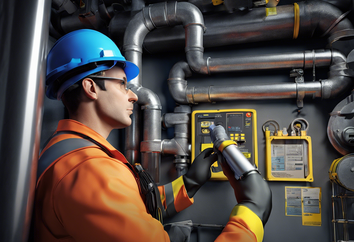 An image of a plumber in full safety gear inspecting a pipe system, with caution tape and warning signs surrounding the area