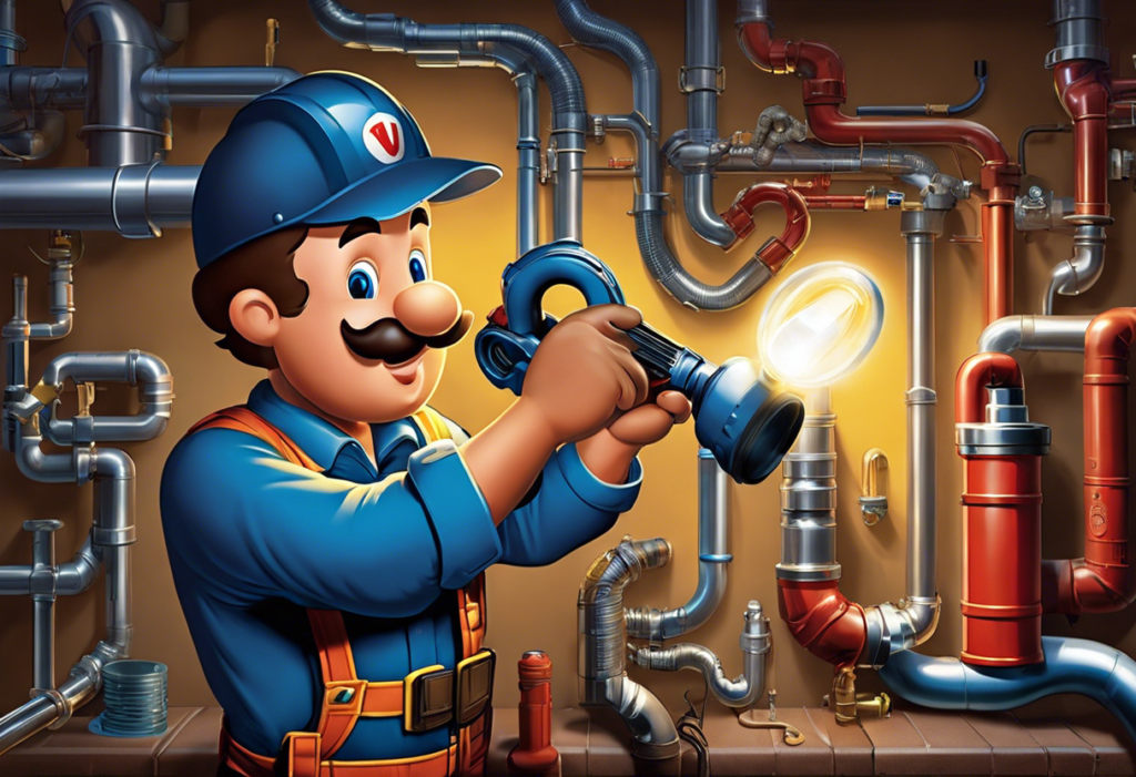 An image of a plumber inspecting and cleaning pipes with a flashlight, wrench, and drain snake