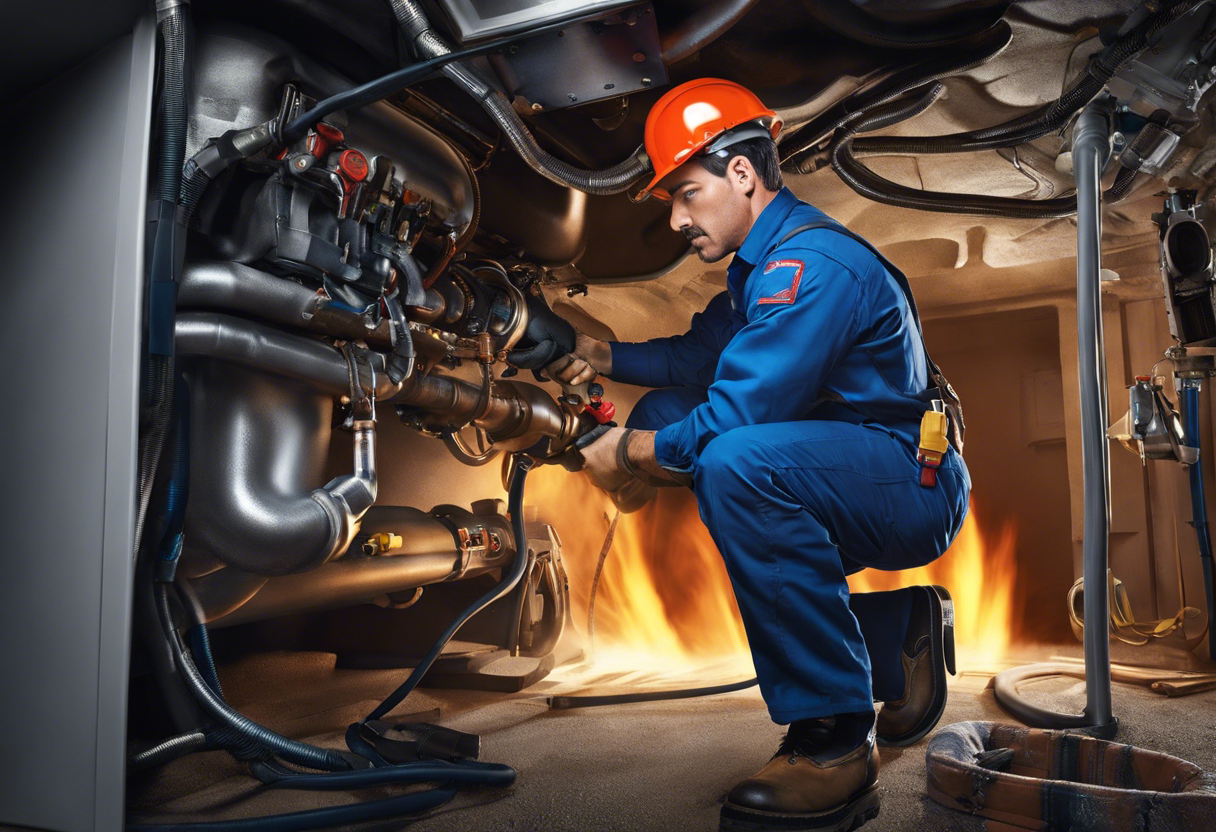 An image of a plumber in uniform rushing to fix a gas leak, with a sense of urgency and professionalism