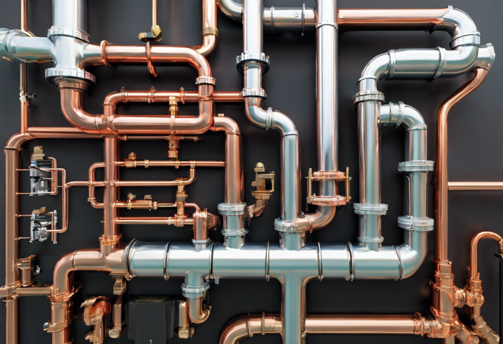 An image of a plumbing system with various materials such as PVC, copper, and PEX pipes