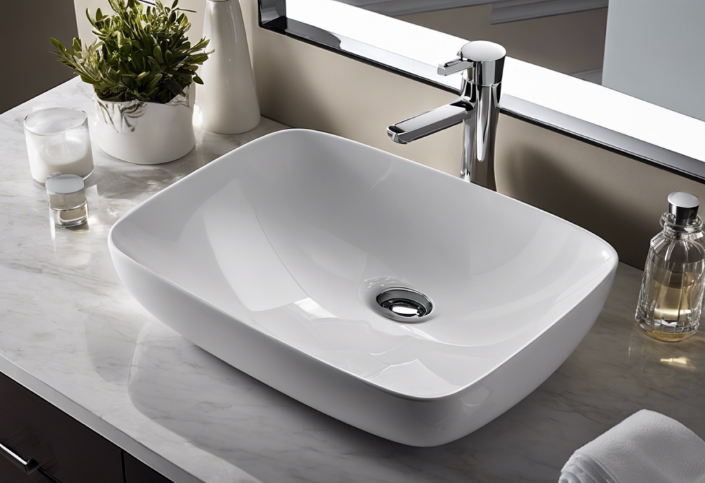An image of a person installing a sleek, modern bathroom sink with a shiny chrome faucet
