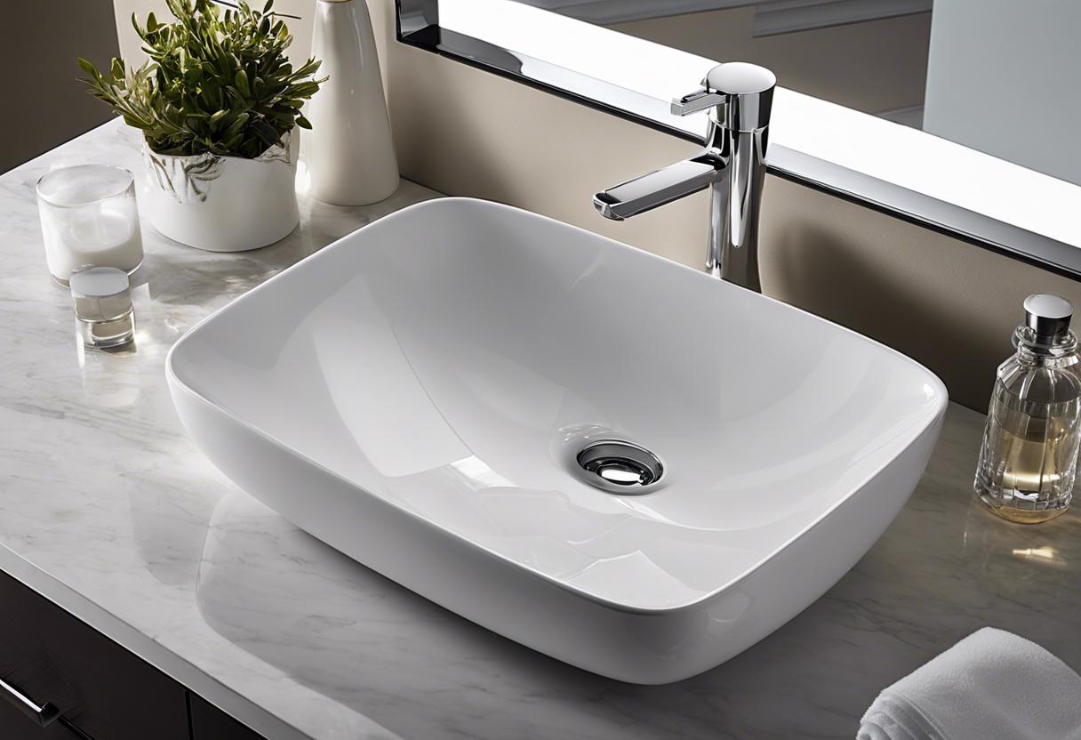 An image of a person installing a sleek, modern bathroom sink with a shiny chrome faucet