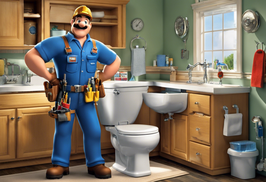 An image of a plumber with a tool belt and toolbox, standing in front of a sink and toilet