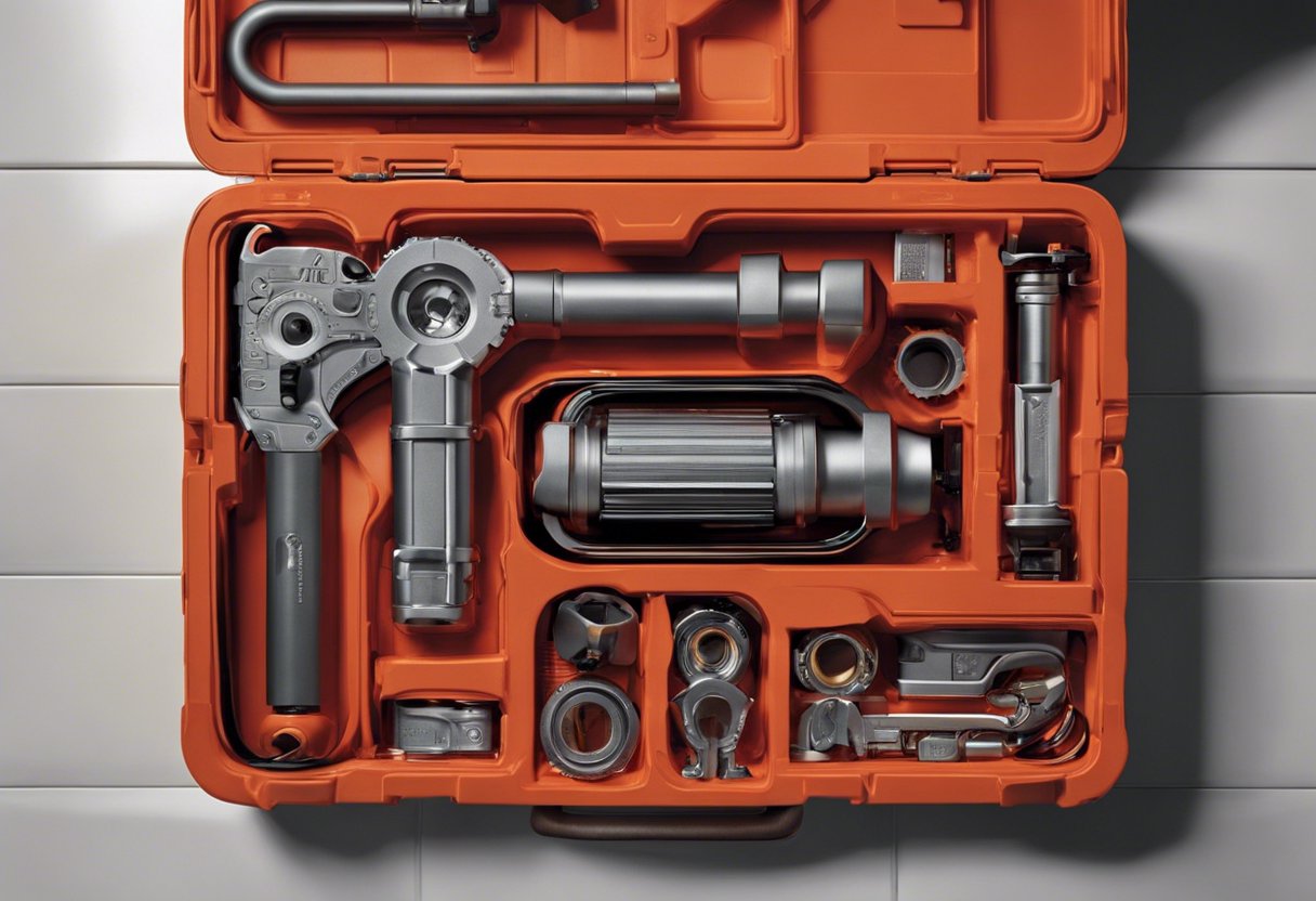 An image of a plumber's tool belt filled with specialized equipment such as pipe cutters, threaders, and diagnostic cameras
