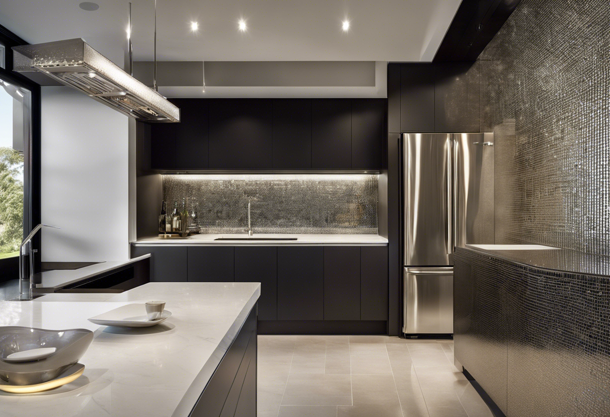 An image of a sleek, modern kitchen with minimalist plumbing fixtures, such as a chrome faucet and stainless steel sink, framed by a backsplash of shimmering mosaic tiles