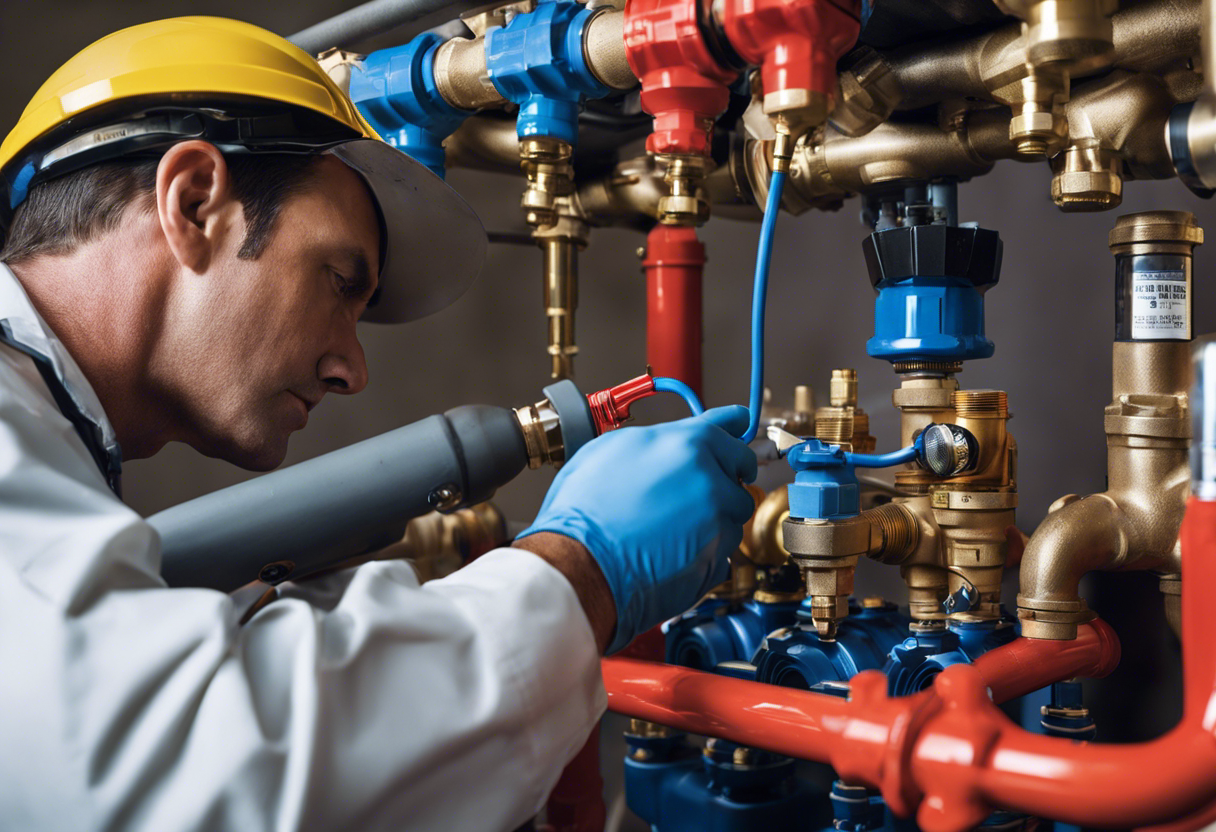 An image of a plumber performing a pressure test on a backflow preventer