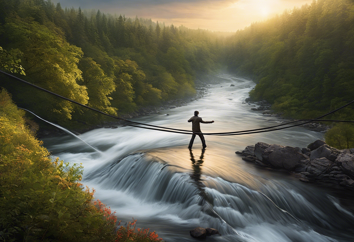 An image of a person standing on a tightrope above a rushing river, holding a water hose and adjusting the pressure to maintain a steady and consistent flow