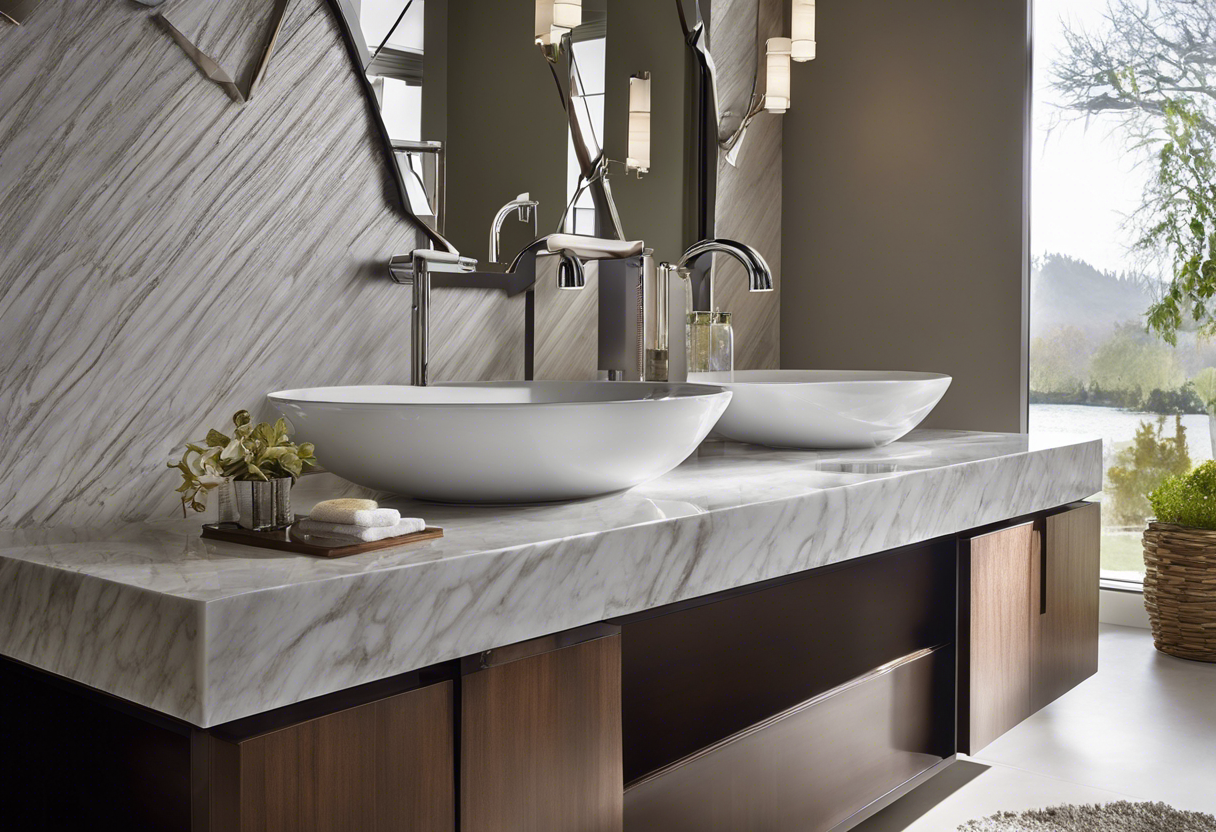 An image showcasing a modern bathroom sink with sleek chrome fixtures and a marble countertop
