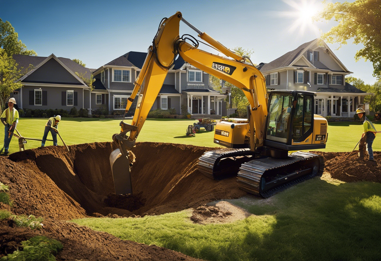 An image of a large excavator digging a deep hole in a grassy yard, with a group of workers standing around it, preparing to install a septic tank