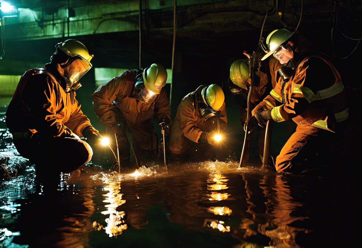 An image of a group of technicians in protective gear, using high-tech equipment to inspect and repair pipes deep beneath a city street, with the dim glow of their flashlights illuminating the murky water and rusted metal