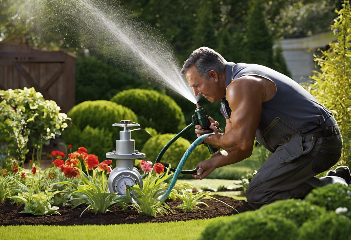 An image of a person adjusting a dial on a pressure regulator attached to a hose, with water spraying out of the end into a garden bed