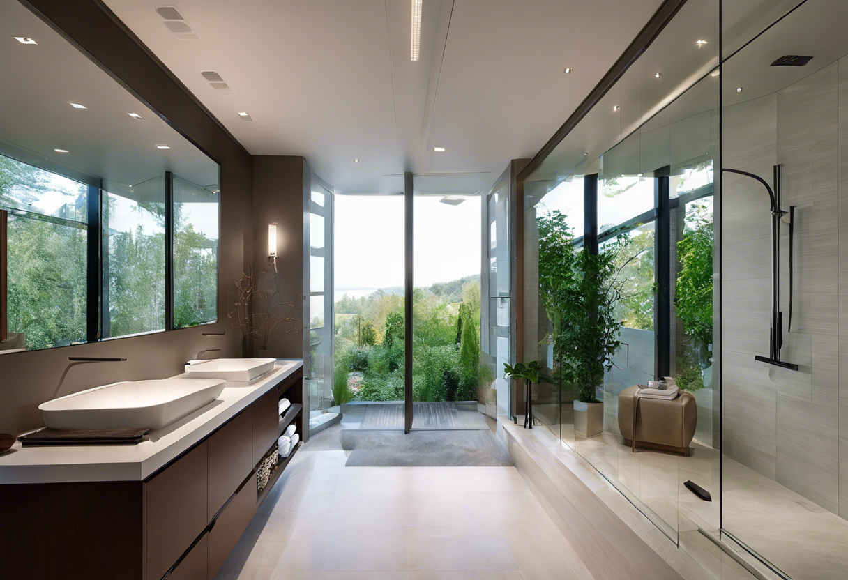 An image of a modern bathroom with clear glass windows and a sleek exhaust fan, showcasing the importance of proper ventilation in bathroom plumbing