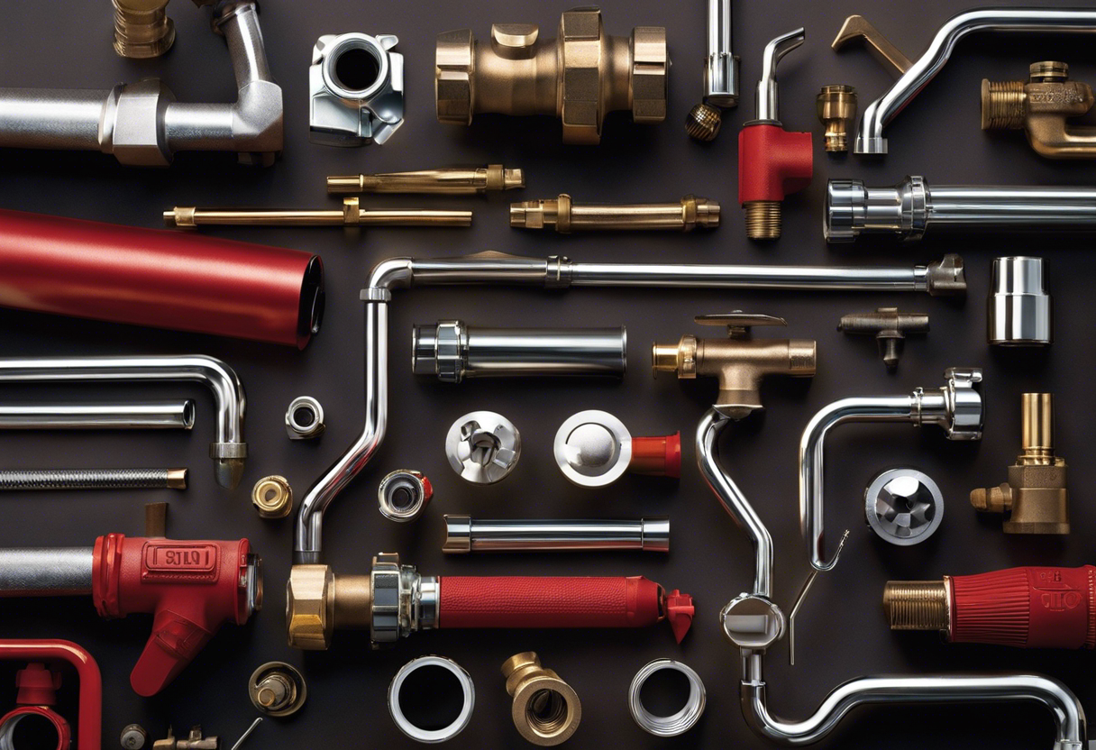An image of a hand holding various plumbing tools, surrounded by pipes and fittings
