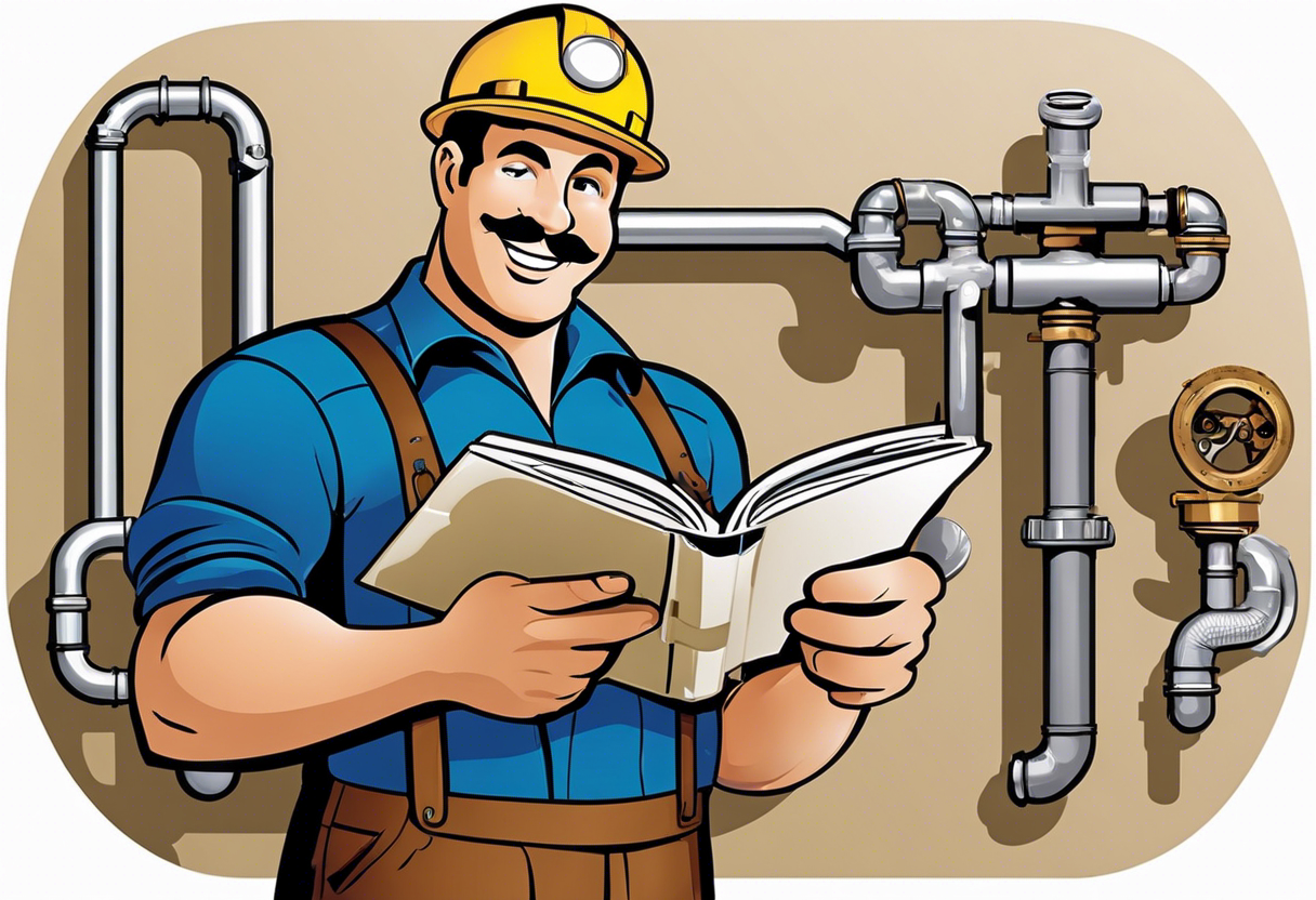 An image of a plumber confidently installing pipes while holding a plumbing code book, with a satisfied customer in the background