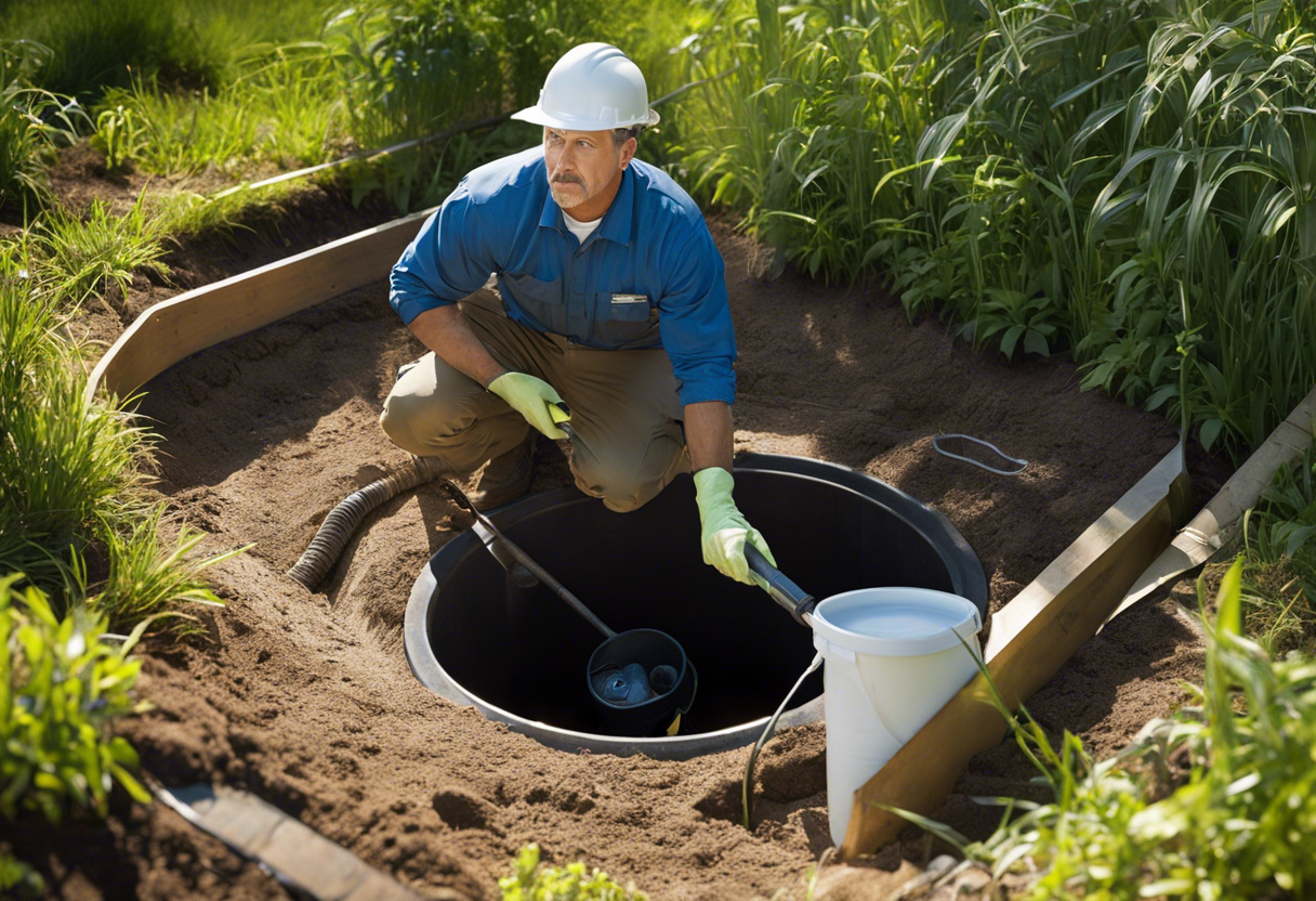 An image of a homeowner inspecting their septic tank, with a shovel and flashlight in hand, while wearing gloves and a mask