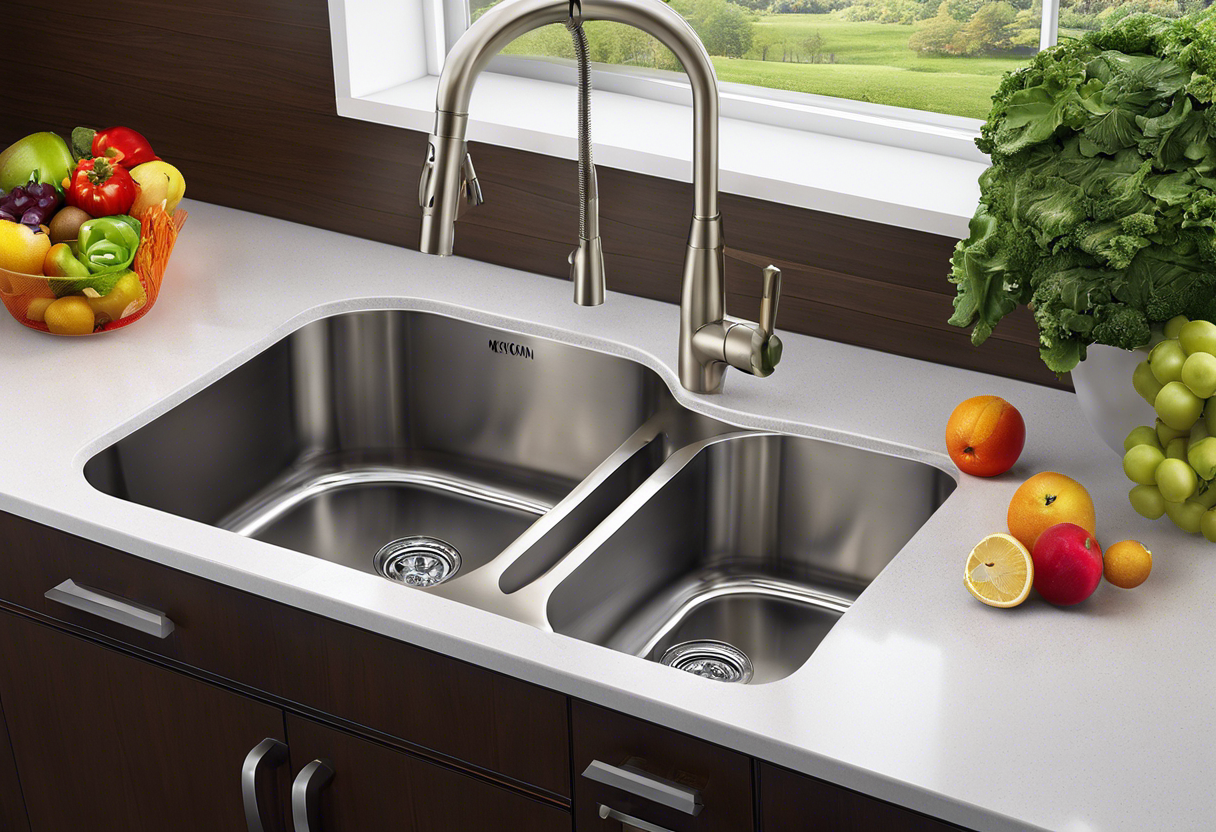 An image of a modern kitchen sink with a shiny new garbage disposal unit installed, surrounded by freshly cut fruits and vegetables waiting to be disposed of