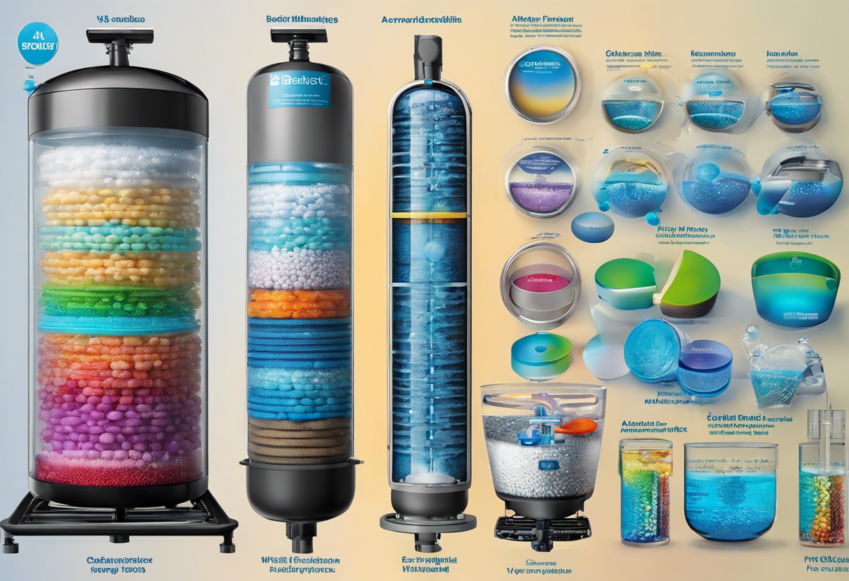 An image that shows various water filtration methods side by side, highlighting the differences in size, shape, and color