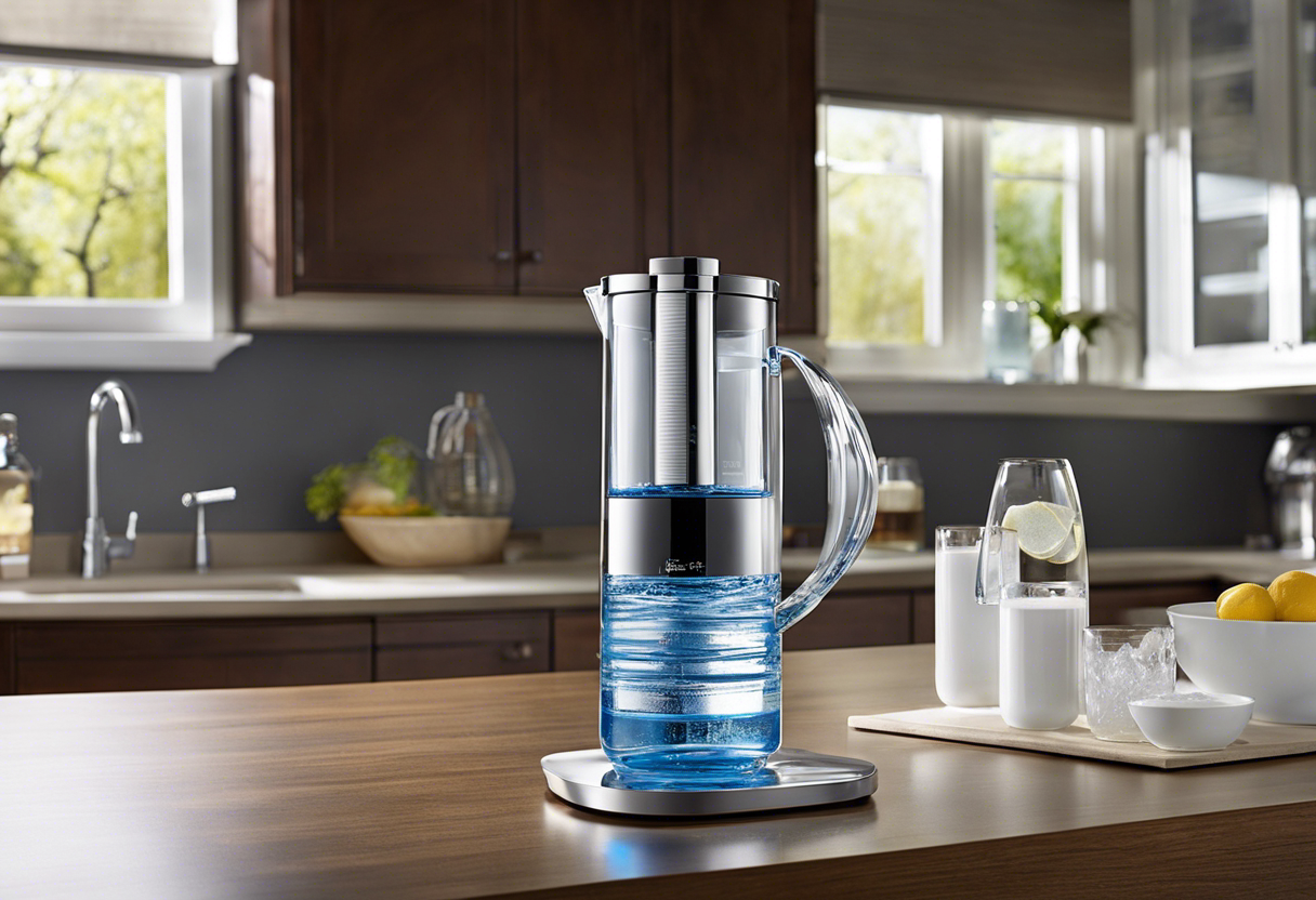 An image of a glass of crystal-clear water on a countertop surrounded by various home water purification options, such as a pitcher filter, faucet filter, and reverse osmosis system