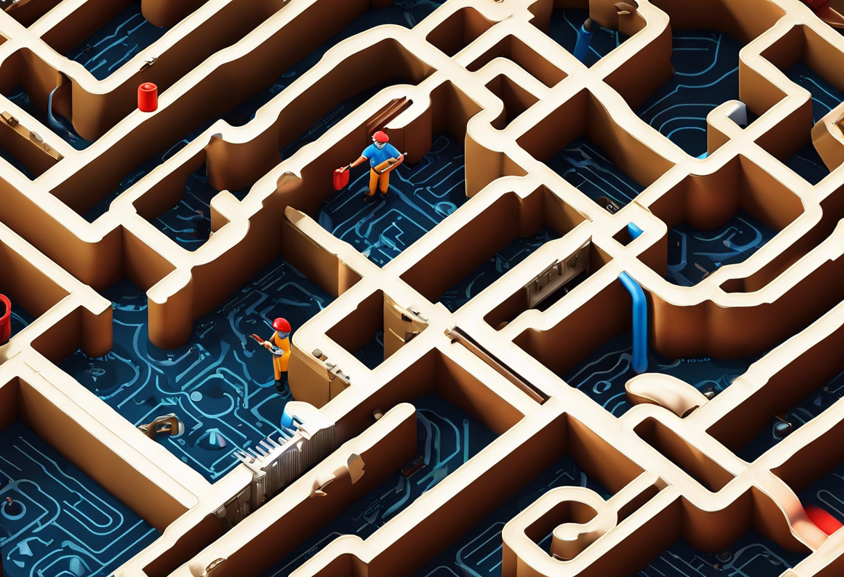 An image of a plumber navigating a maze-like structure made up of various commercial plumbing codes and regulations