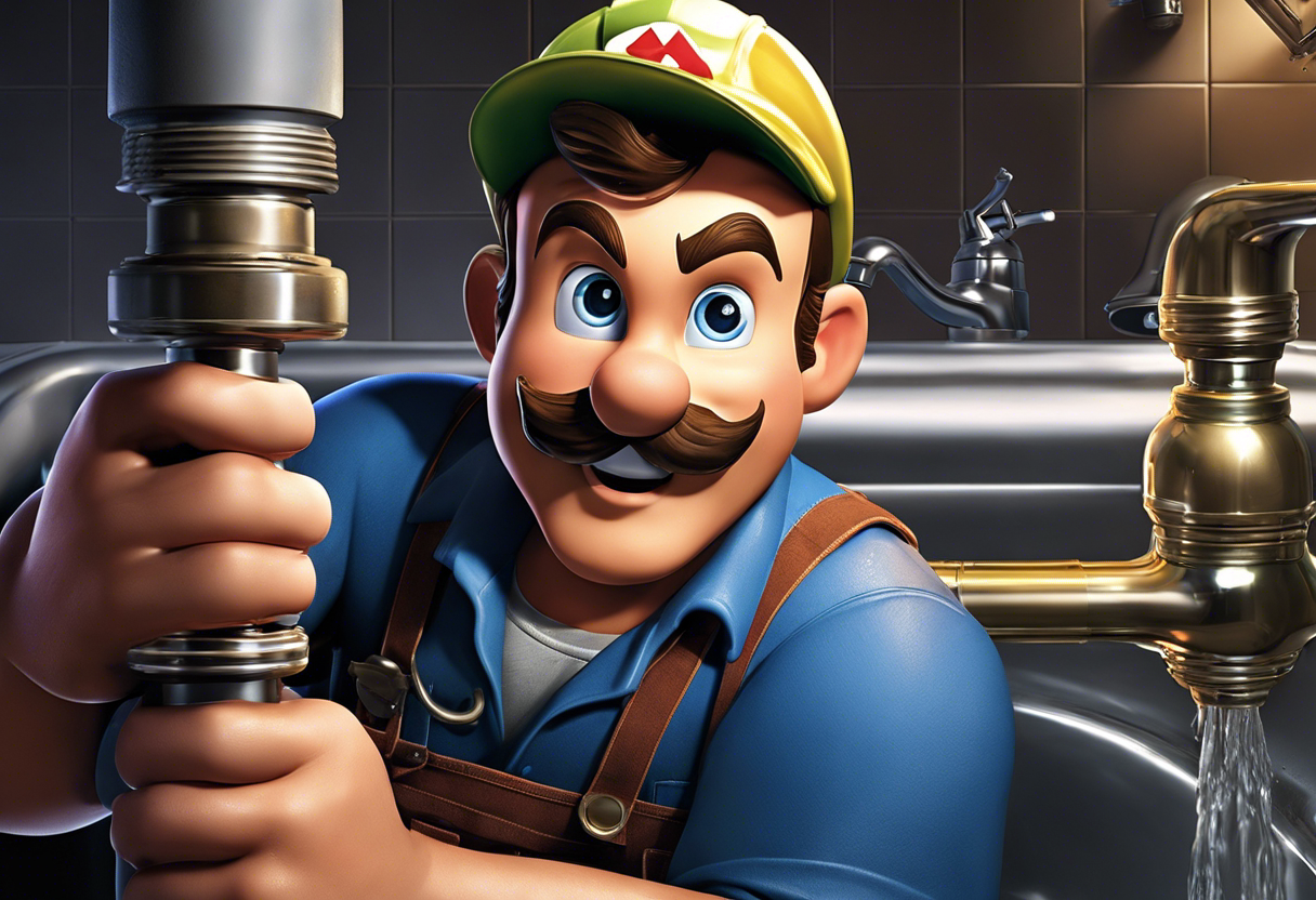 An image of a plumber using a flashlight to inspect pipes under a sink, with water droplets visible on the pipes and a determined expression on the plumber's face