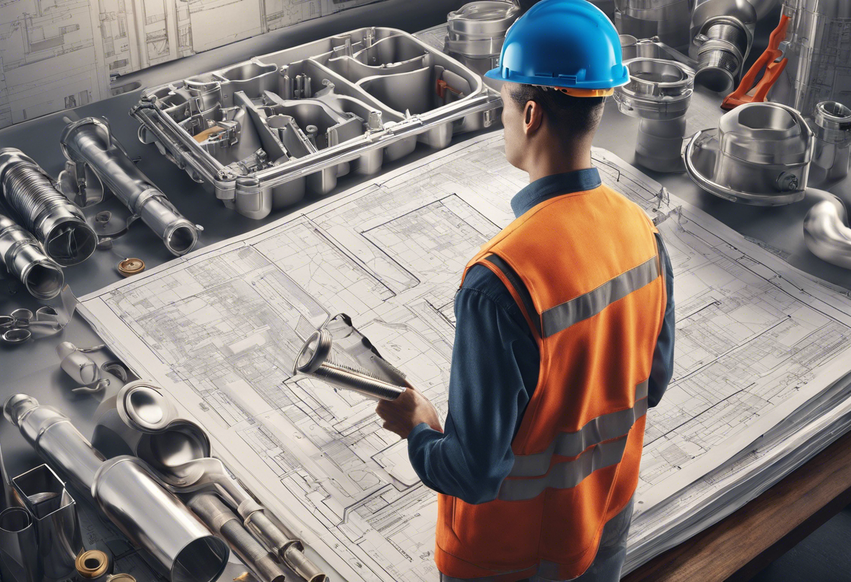 An image of a person holding a blueprint, surrounded by various plumbing tools and materials