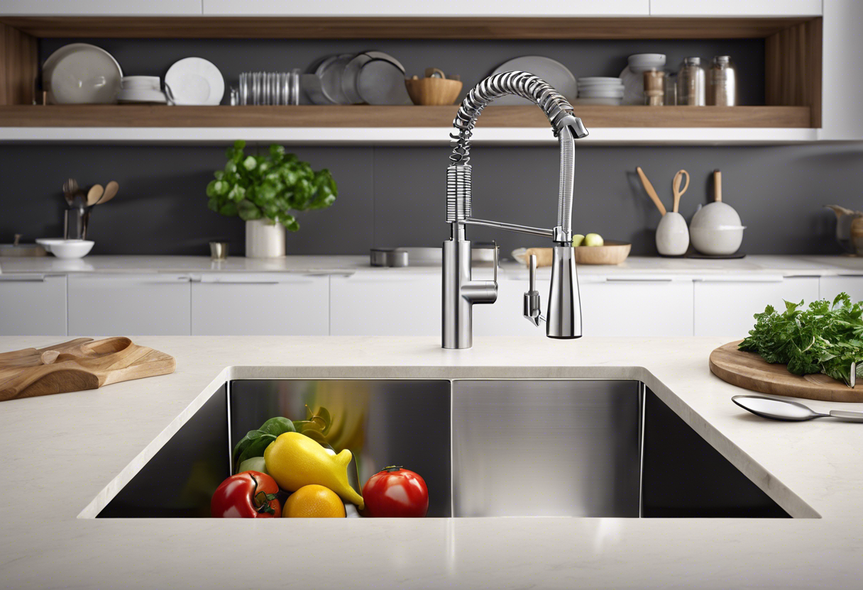 An image of a sleek, modern kitchen sink and faucet system with gleaming stainless steel and a high-arc spout, surrounded by fresh ingredients and cooking utensils