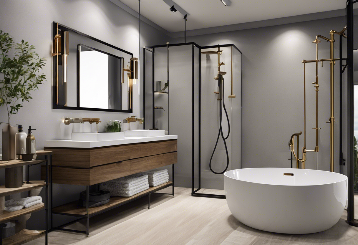 An image of a sleek, modern plumbing station with different customizable fittings and fixtures for bathroom or kitchen renovations