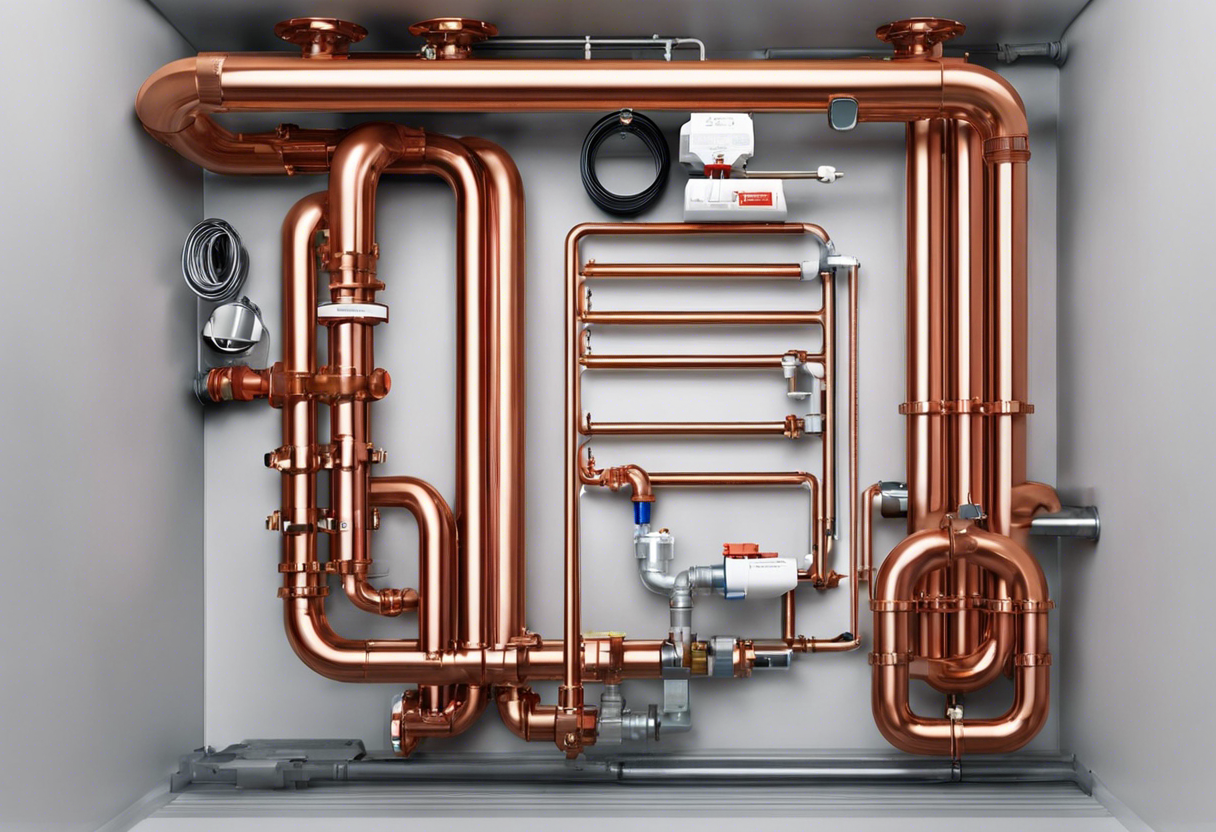 An image showcasing different plumbing system options, such as PEX, copper, and PVC pipes, with clear labels and detailed illustrations of each component