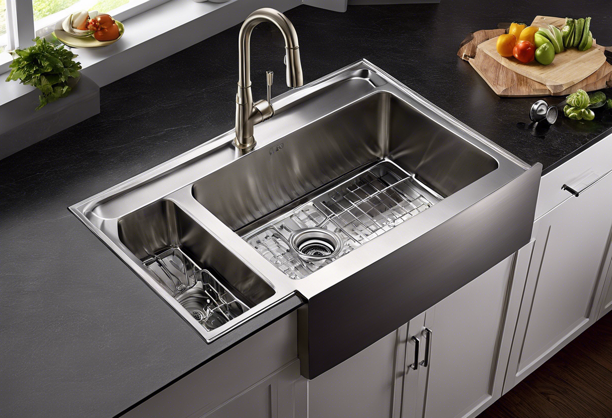 An image of a kitchen sink with various plumbing fixtures and accessories, showcasing the importance of proper drainage, water supply, and garbage disposal for a functional and efficient kitchen