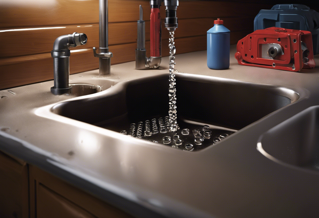 An image featuring a hand holding a wrench, tightening a pipe under a sink