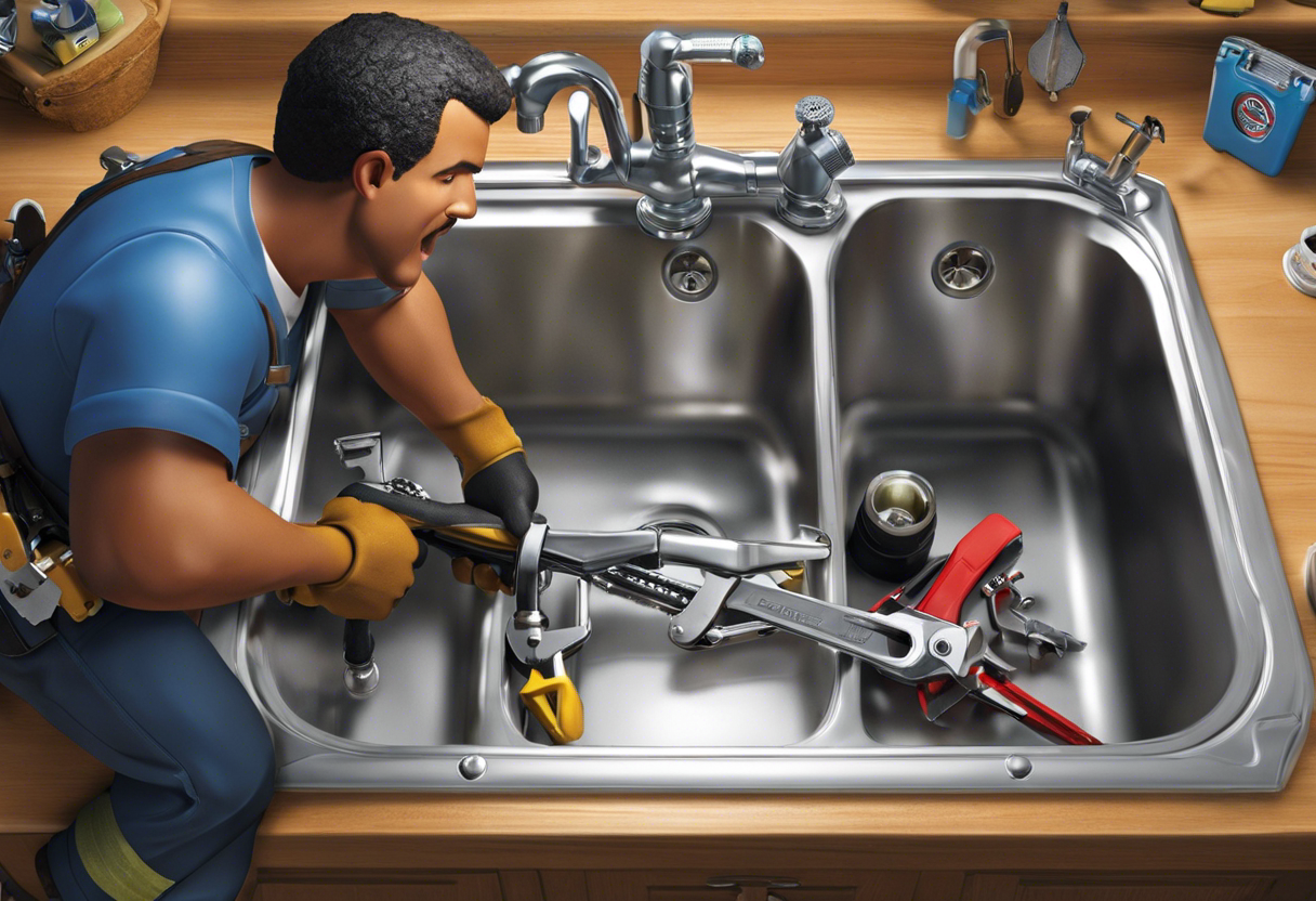 An image of a person using a wrench to tighten a pipe under a sink, with a toolbox and various plumbing accessories nearby