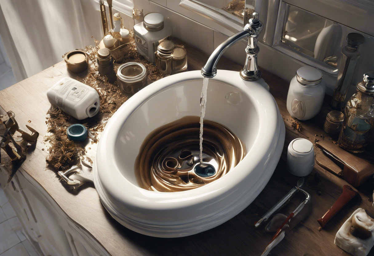 An image of a bathroom sink with water slowly draining, surrounded by hair, toothpaste, and other debris