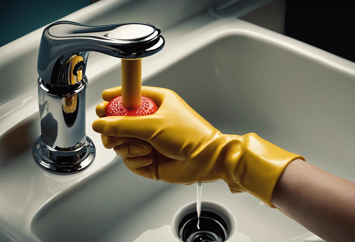An image of a hand holding a plunger, positioned over a sink