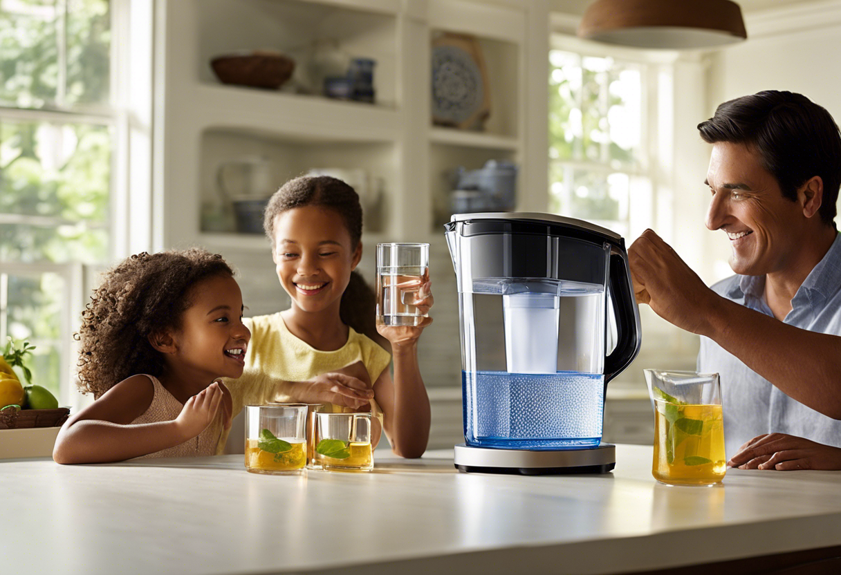 An image of a family enjoying a glass of water from a clean, filtered pitcher on their kitchen table, with a close-up of the pitcher showing the process of filtration