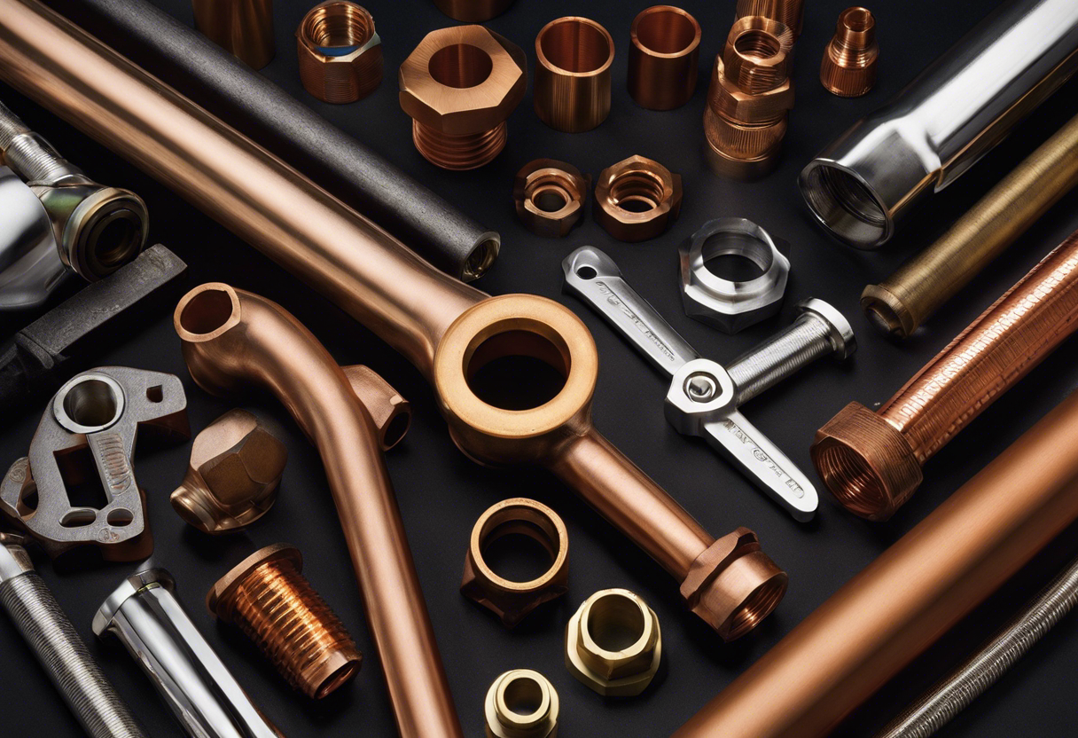An image of a wrench tightening a pipe made of copper or stainless steel, surrounded by other plumbing materials like PVC and brass, to illustrate the importance of choosing durable materials for your home's plumbing system